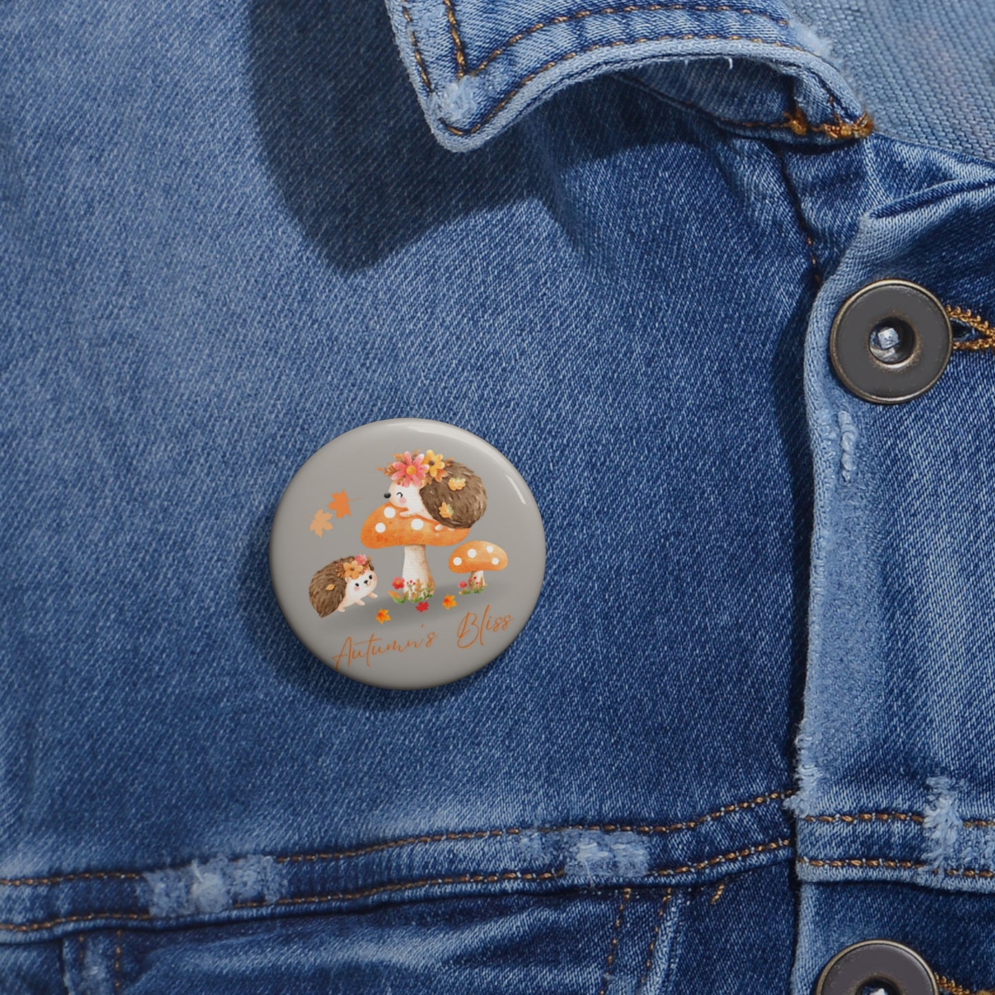 Hedgehog Pin, Hedgehogs Pinback Button, Cottagecore Pin, Autumnal Pin, Hedgehog Brooch, Woodlands Animal on Mushroom Pin, Autumn's Bliss