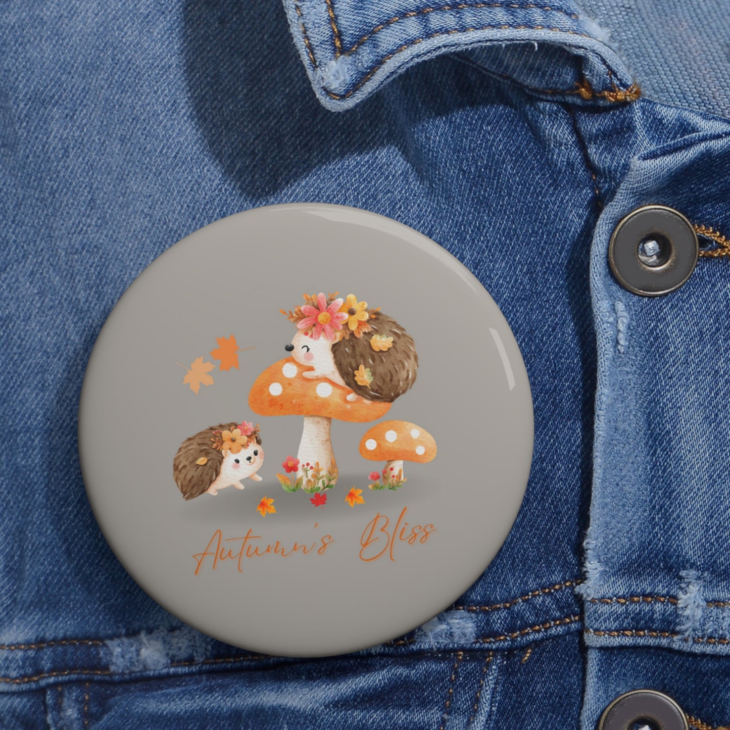 Hedgehog Pin, Hedgehogs Pinback Button, Cottagecore Pin, Autumnal Pin, Hedgehog Brooch, Woodlands Animal on Mushroom Pin, Autumn's Bliss