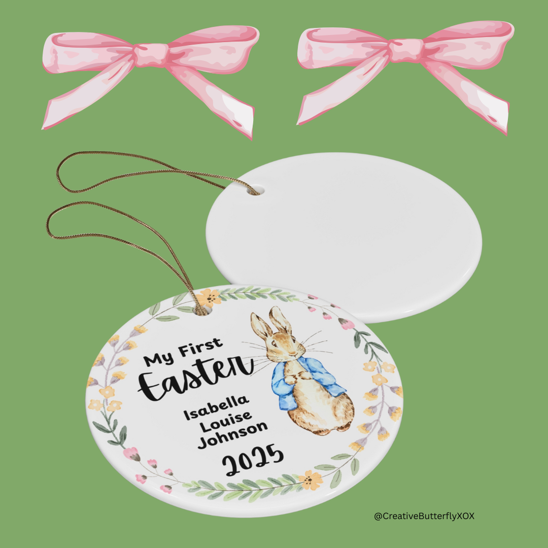 Baby’s first Easter gift ornament, personalized with name and year featuring a sweet bunny design, perfect for Easter basket fillers or baby keepsake.