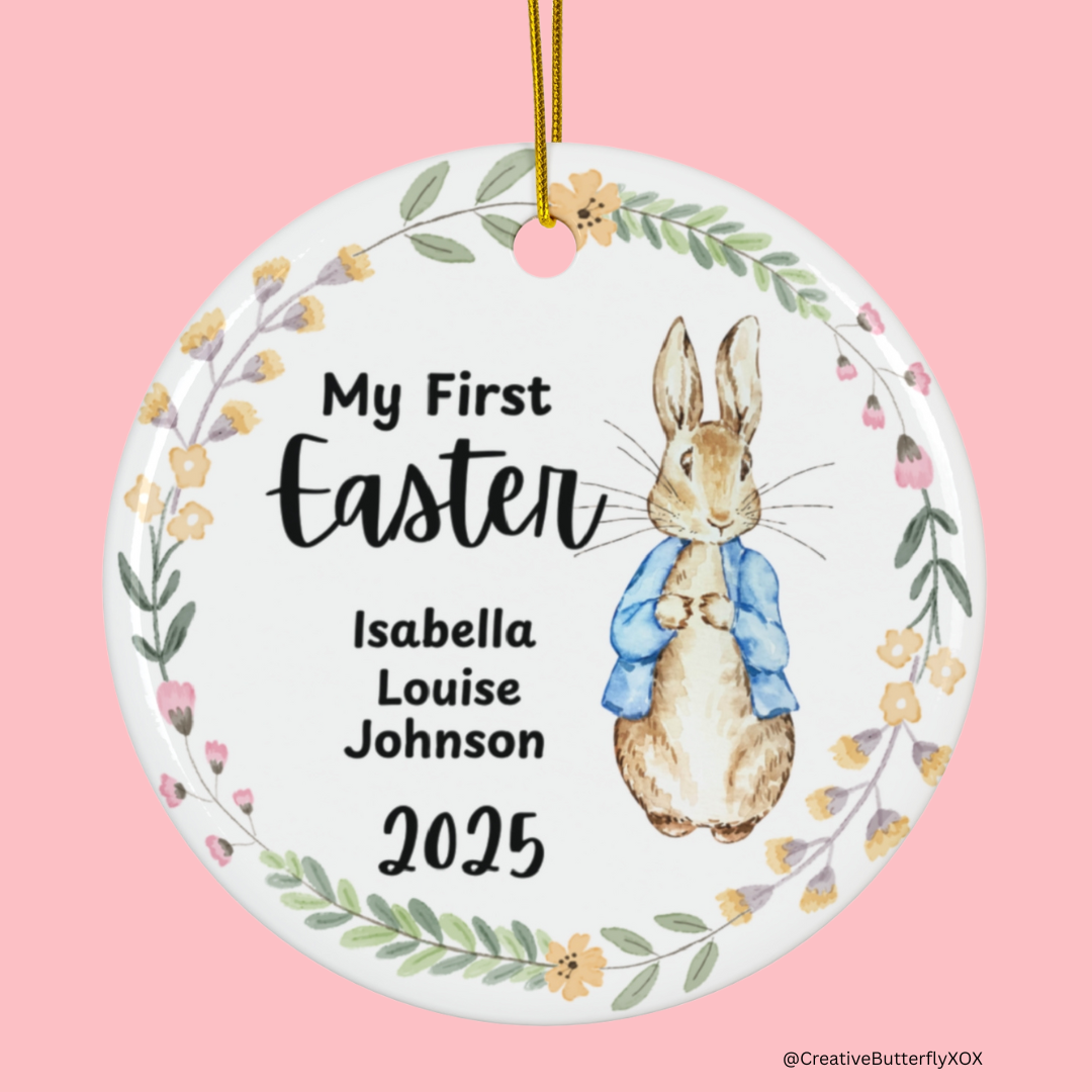 Custom Easter bunny ornament for baby with personalized name and year, a beautiful baby’s first Easter keepsake plaque or nursery decoration.