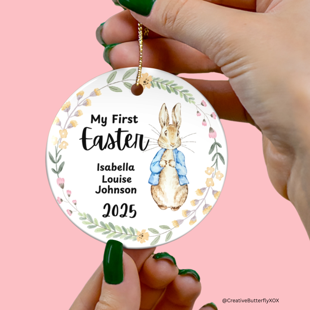 Custom baby Easter keepsake ornament with bunny design, personalized with name and year perfect for celebrating baby’s first Easter and nursery decor.