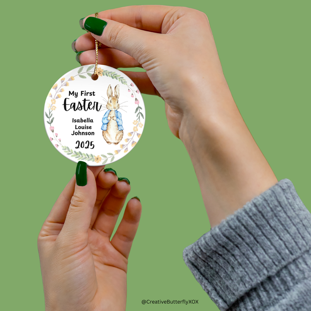 Easter ornament for baby boy or girl, customized with name and year featuring an adorable bunny, a meaningful Easter gift and keepsake plaque.