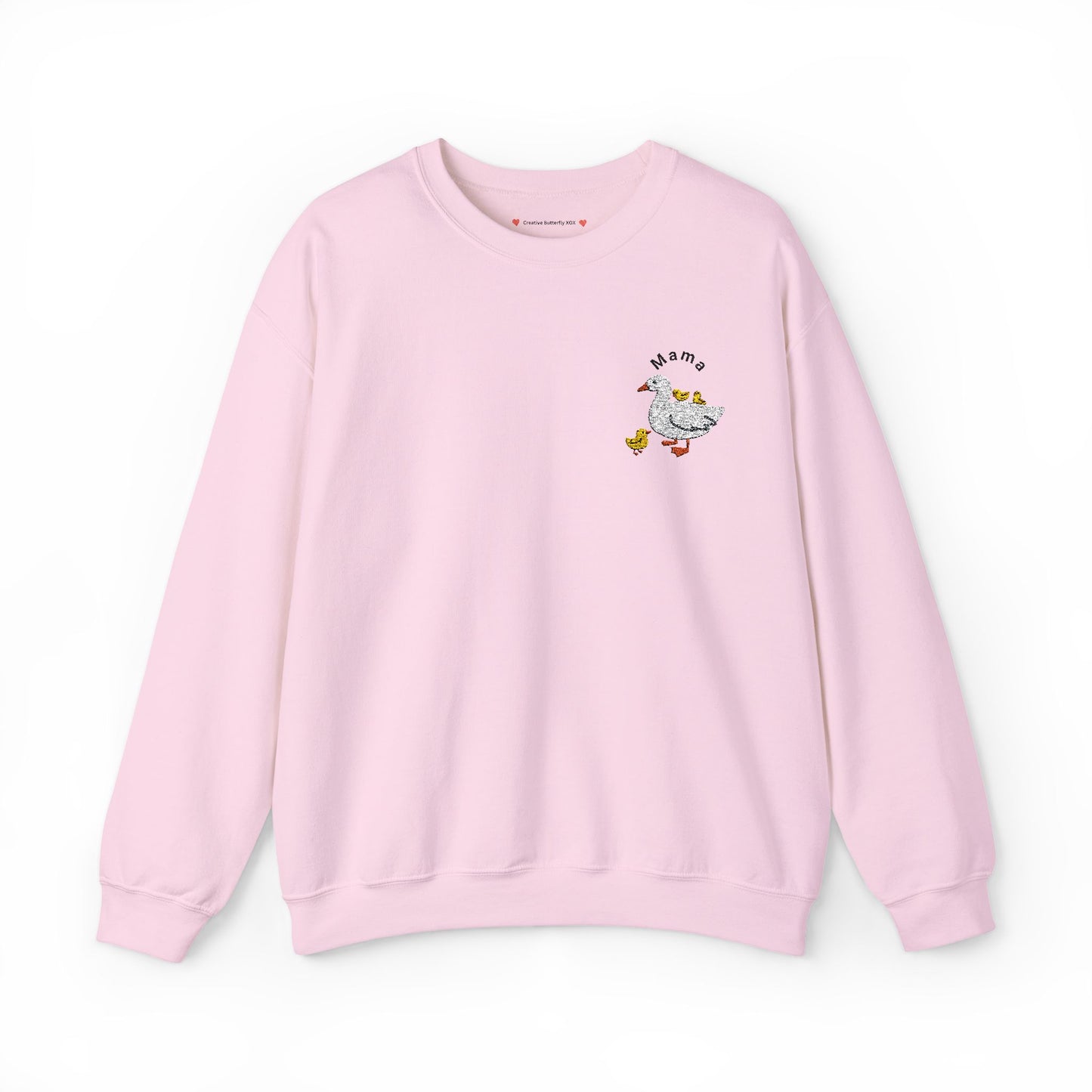 Embroidered Mama Goose sweatshirt, perfect for Mother's Day gifts, featuring baby ducks - color light baby pink pastel
