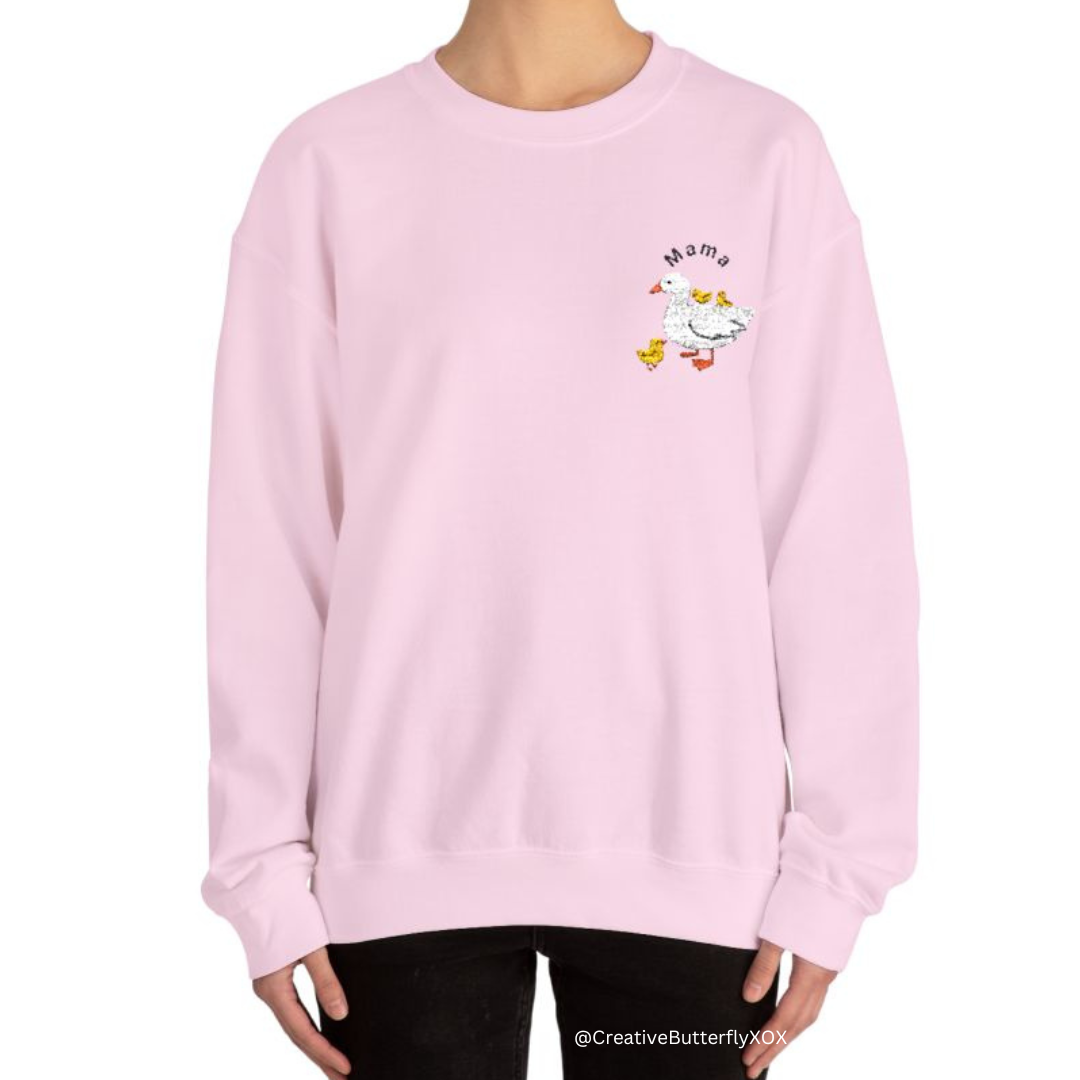 Soft pastel pink Mama embroidered sweatshirt, featuring cute baby ducks and goose design