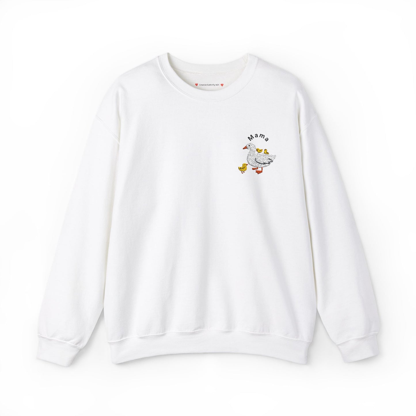 Stylish Mama crewneck sweatshirt with cute embroidered baby ducks and mama goose - color white