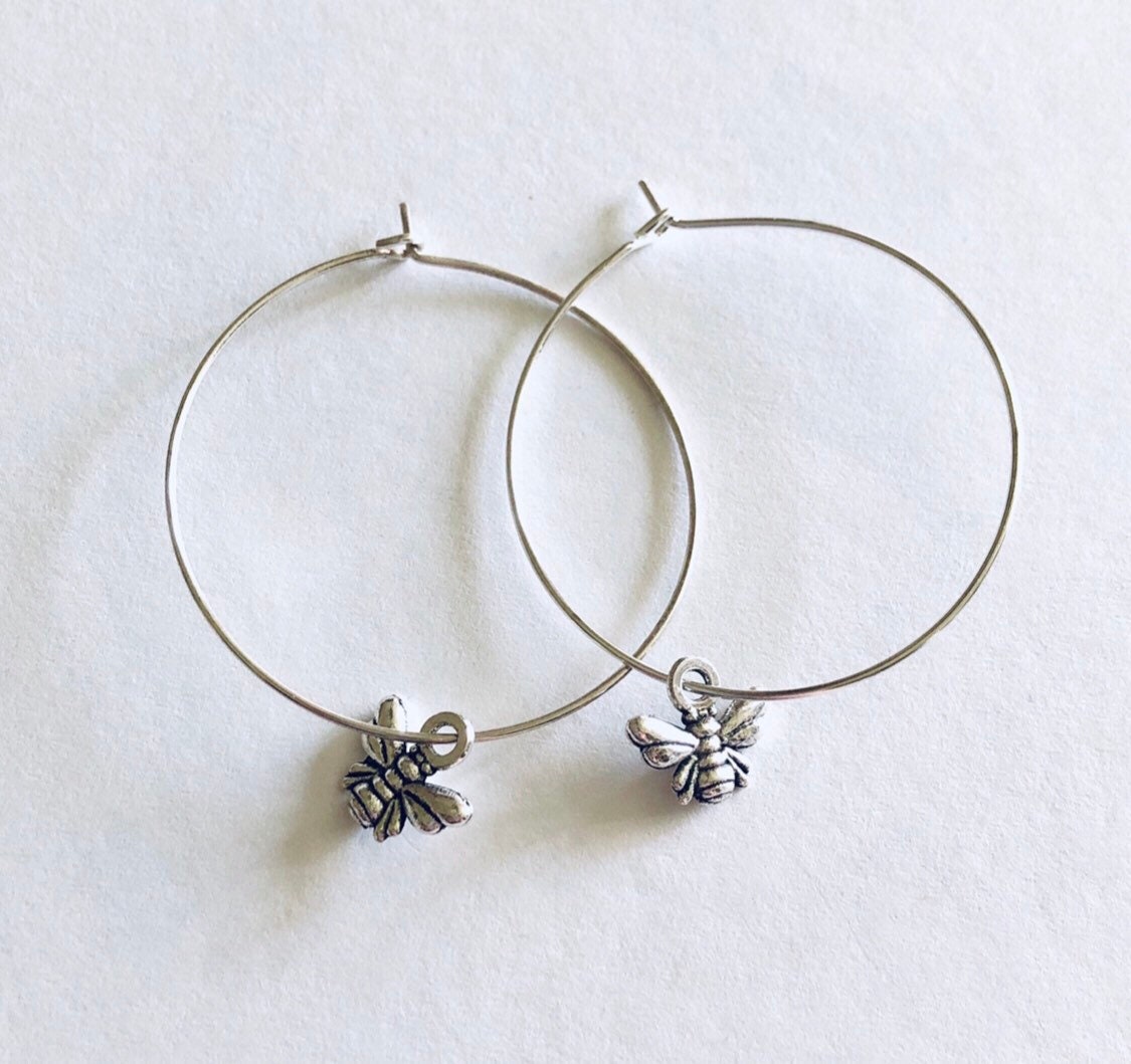 Silver Bee Hoop Earrings, Silver Honey Bee Hoops Earrings, Bee Hoops Bug Insect, Boho Bohemian Hippie Hippies Bee Keeper Jewelry