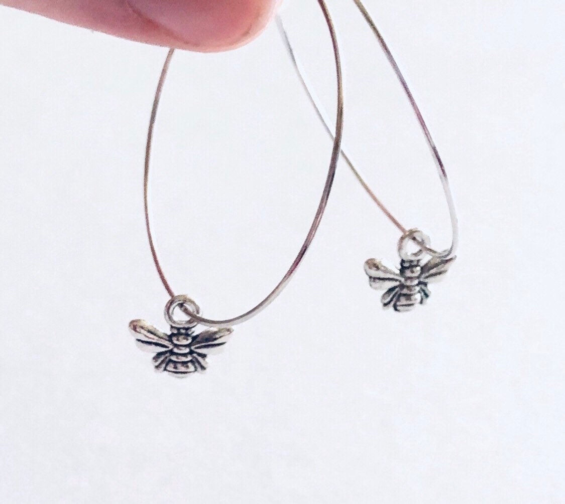 Silver Bee Hoop Earrings, Silver Honey Bee Hoops Earrings, Bee Hoops Bug Insect, Boho Bohemian Hippie Hippies Bee Keeper Jewelry