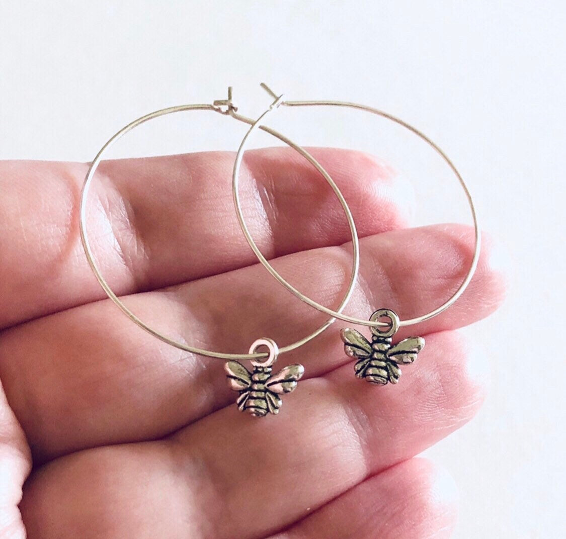 Silver Bee Hoop Earrings, Silver Honey Bee Hoops Earrings, Bee Hoops Bug Insect, Boho Bohemian Hippie Hippies Bee Keeper Jewelry