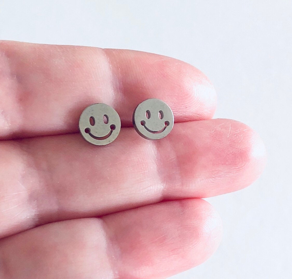 Silver Smiley Face Stud Earrings, Happy Face Studs, Smiley Studs, Smiley Earrings, Stainless Steel