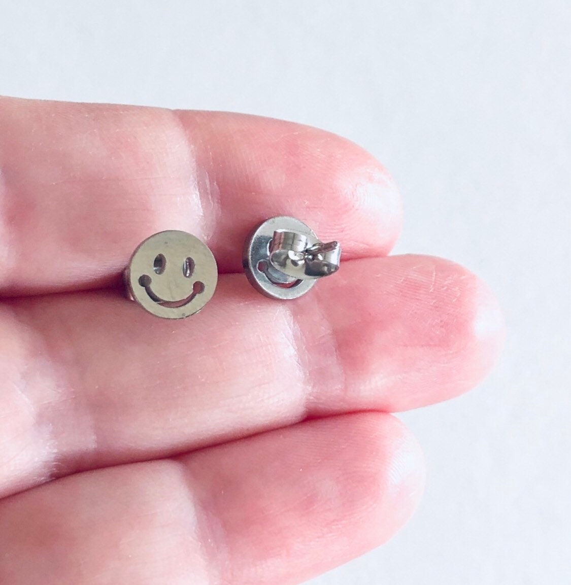 Silver Smiley Face Stud Earrings, Happy Face Studs, Smiley Studs, Smiley Earrings, Stainless Steel