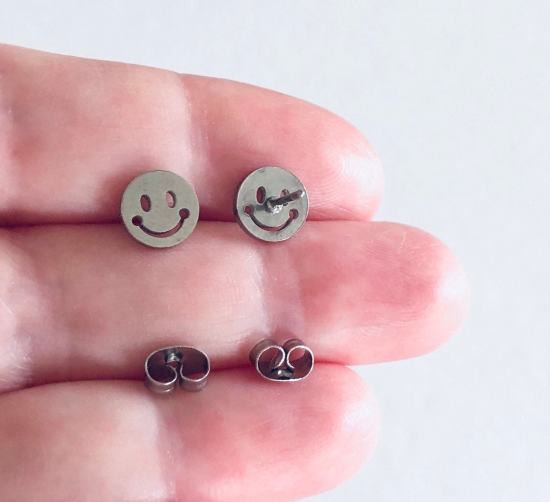 Silver Smiley Face Stud Earrings, Happy Face Studs, Smiley Studs, Smiley Earrings, Stainless Steel