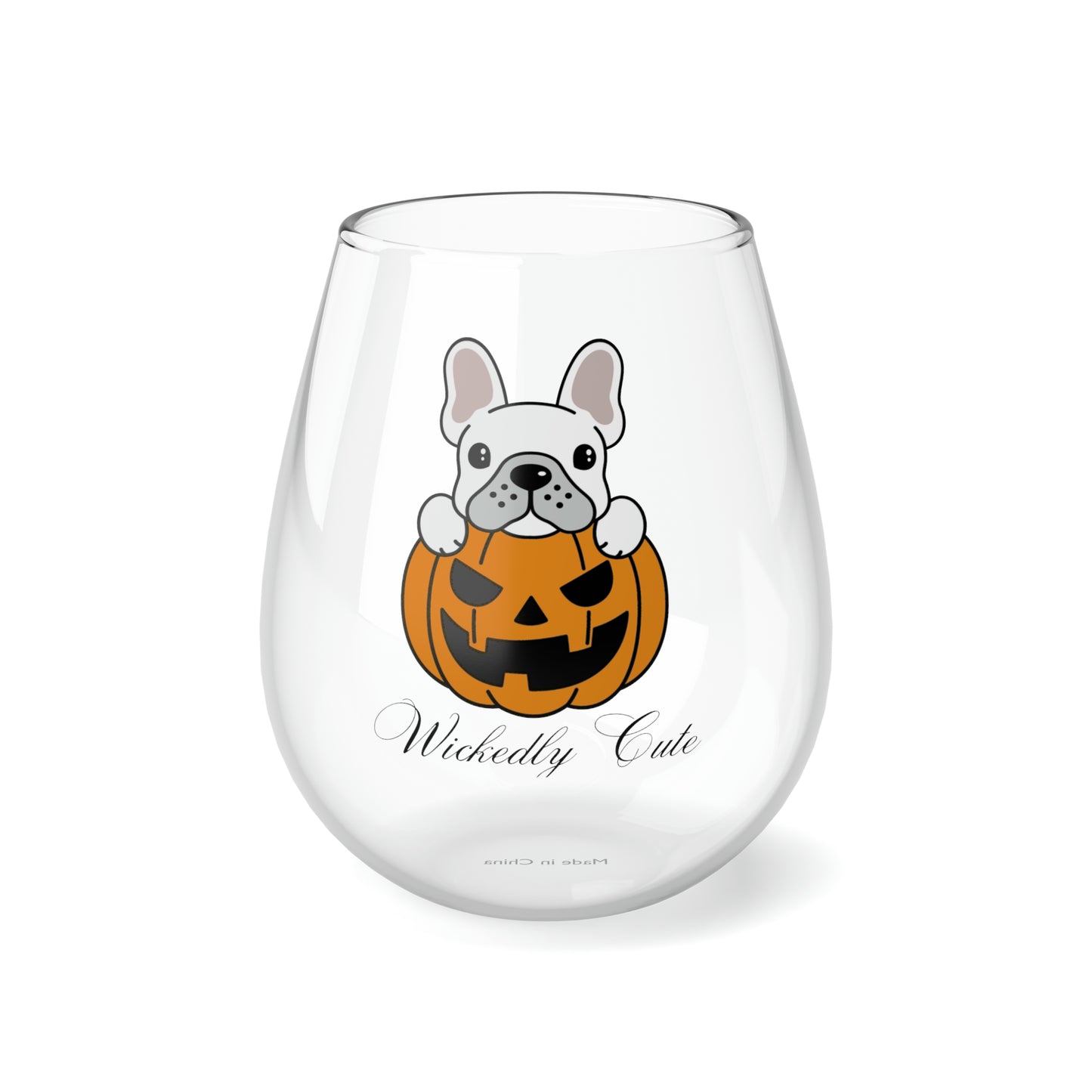 French Bulldog in a Pumpkin Wine Glass, French Bulldog Stemless Wine Glass, 11.75oz, Halloween Wine Glass, French Bulldog Wine Glass Gift