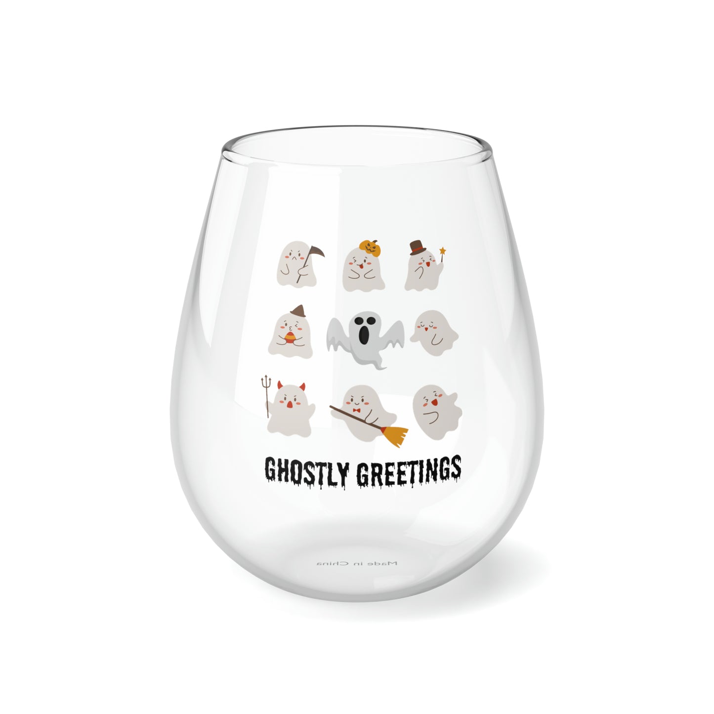 Ghostly Greetings Wine Glass, Halloween Ghost Wine Glass, Lots of Cute Ghosts Wine Glass, Spooky Season Adorable Ghosts Stemless Wine Glass