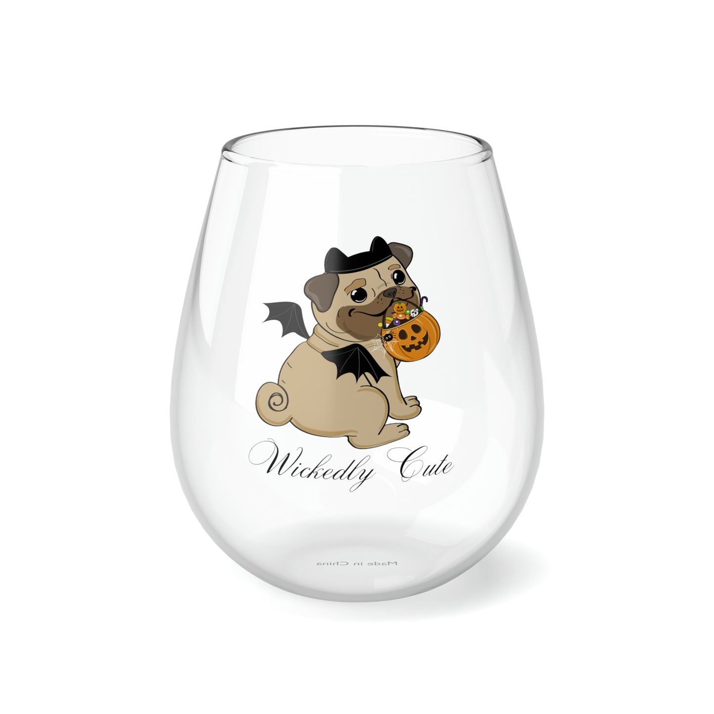 Pug Wine Glass, Pug in a Bat Halloween Costume Wine Glass, Halloween Wine Glass, Pug Stemless Wine Glass, 11.75oz, Halloween Pug Wine Glass