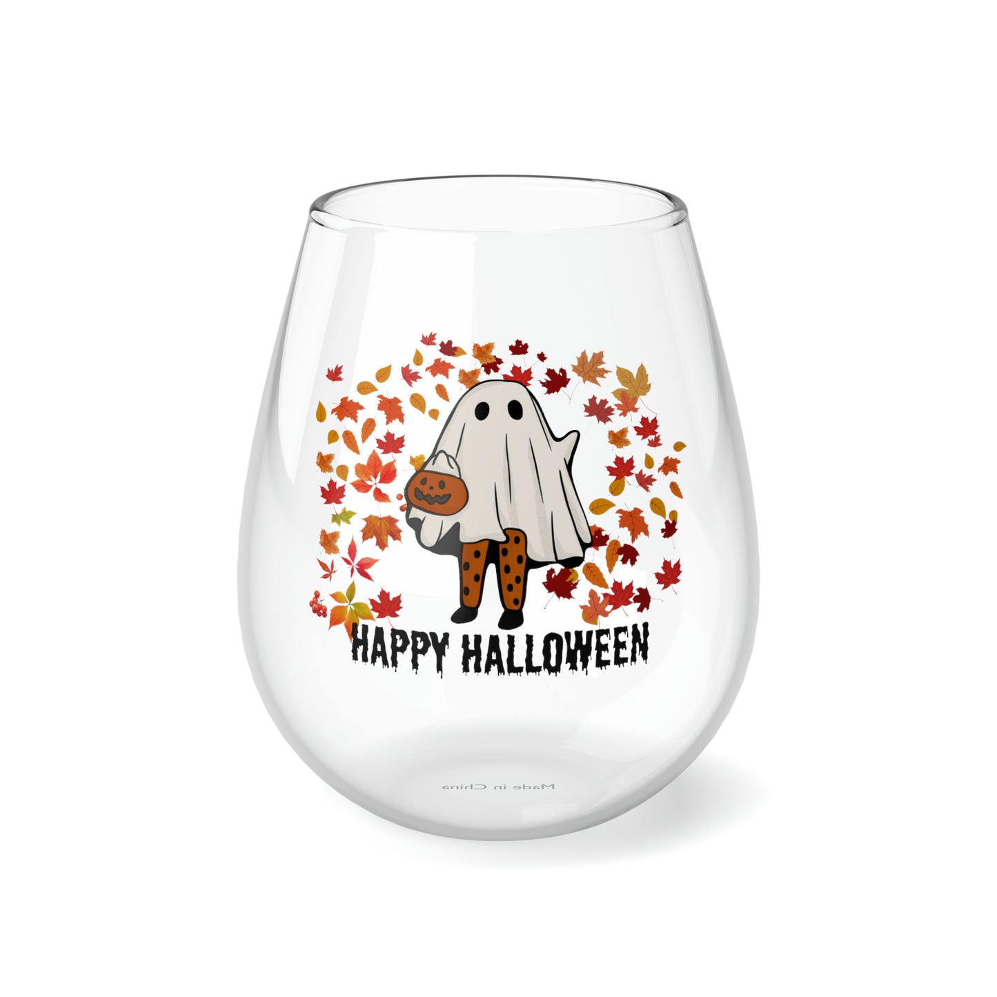 Ghost Girl in The Fall Leaves Wine Glass, Little Pumpkin Ghosty Girl Stemless Wine Glass, Autumn Leaves Wine Glass, Happy Halloween Glass