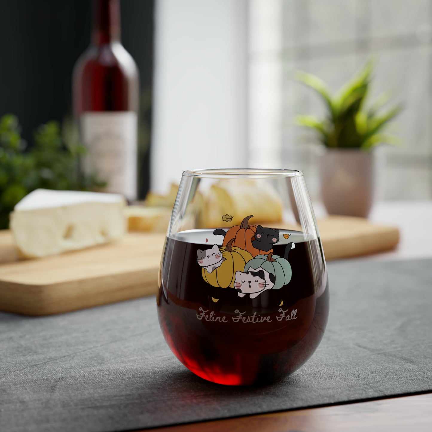 Pumpkins & Cats Wine Glass, Fall Wine Glass, Autumn Wine Glass, Fall Cats Stemless Wine Glass, Feline festive Fall Cat Wine Glass Halloween