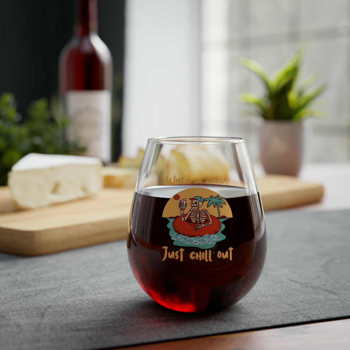 Summer Chill Out Skeleton Wine Glass, Tropical Vacation Skeleton Stemless Wine Glass, When in Doubt Just Chill Out, Funny Wine Glass Gift