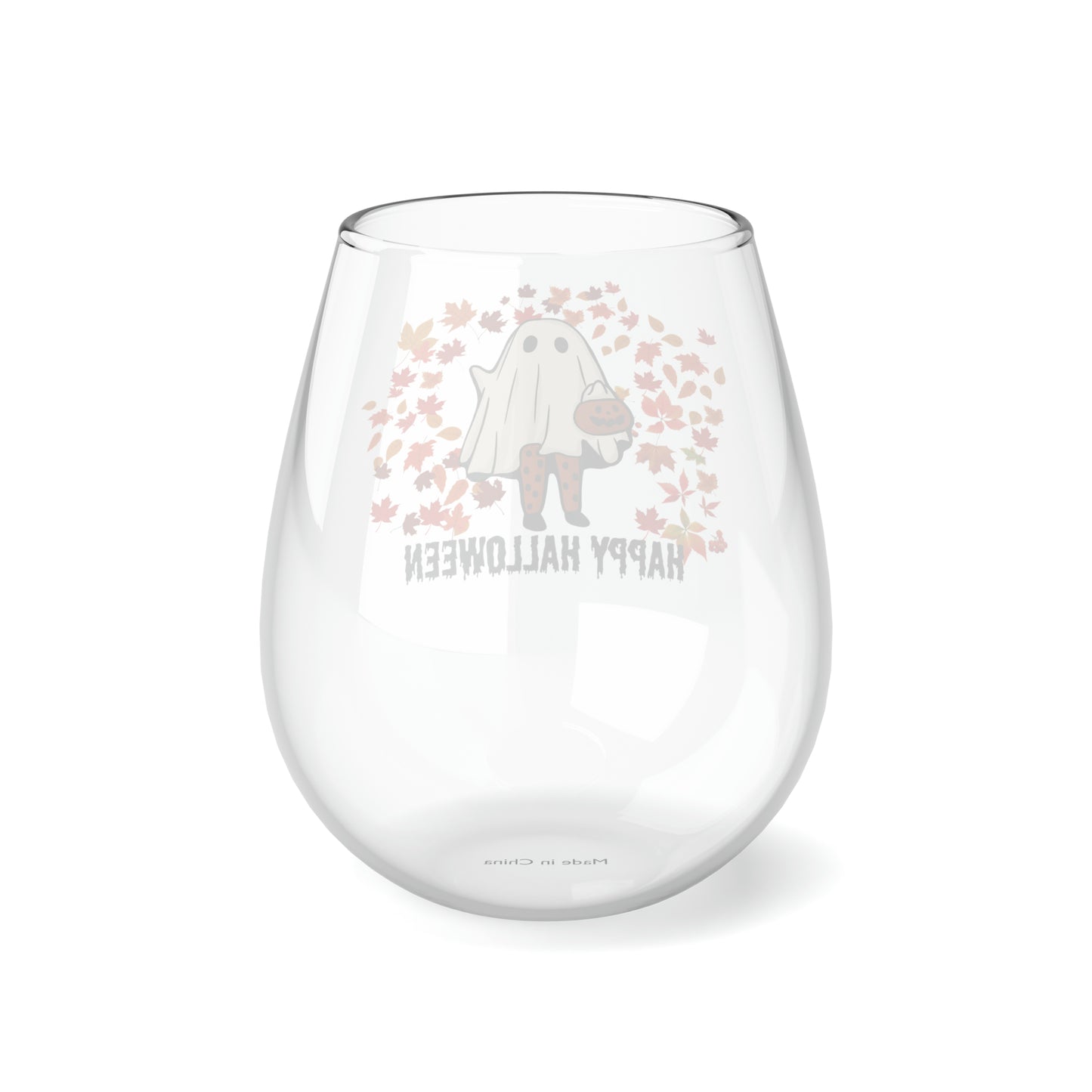 Ghost Girl in The Fall Leaves Wine Glass, Little Pumpkin Ghosty Girl Stemless Wine Glass, Autumn Leaves Wine Glass, Happy Halloween Glass