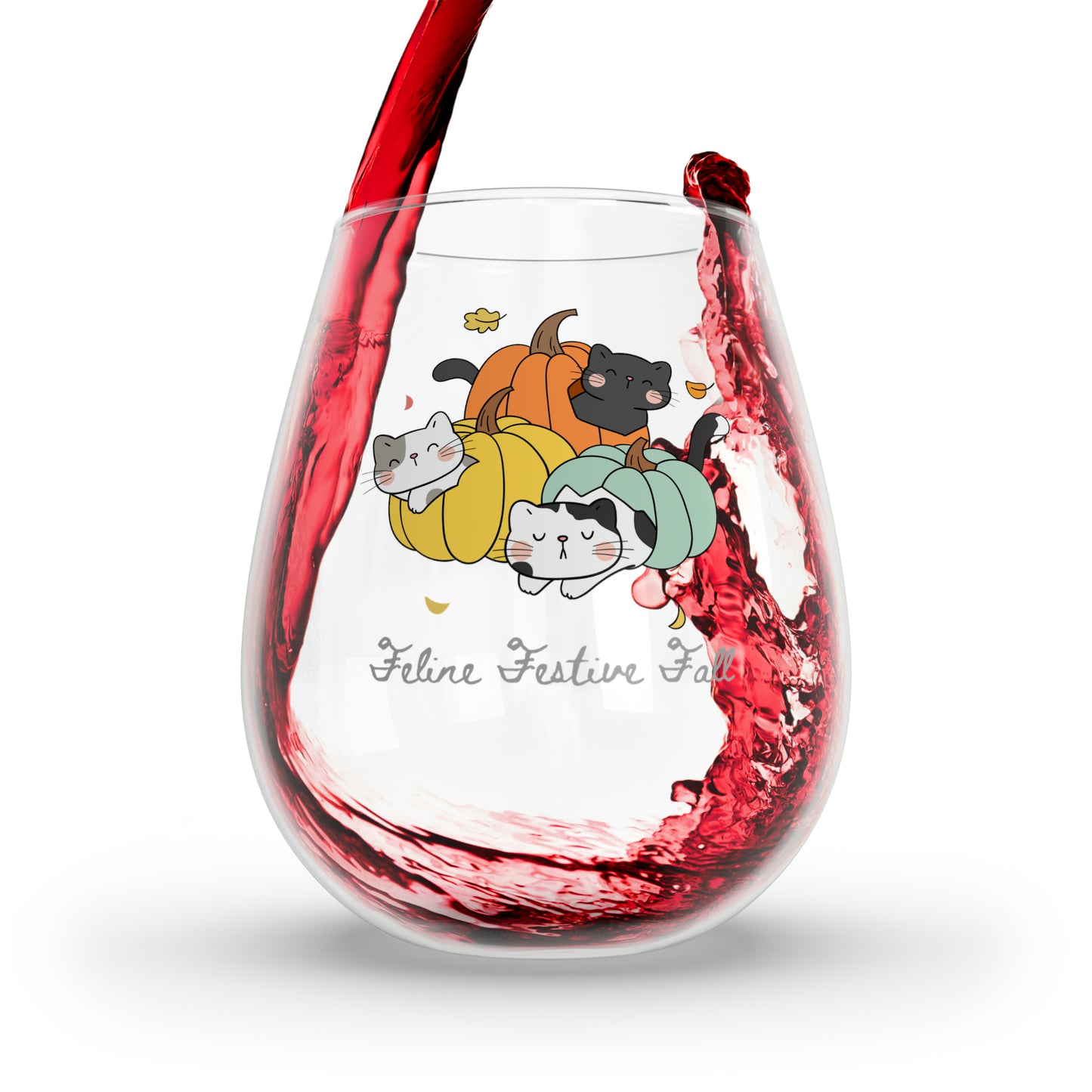 Pumpkins & Cats Wine Glass, Fall Wine Glass, Autumn Wine Glass, Fall Cats Stemless Wine Glass, Feline festive Fall Cat Wine Glass Halloween