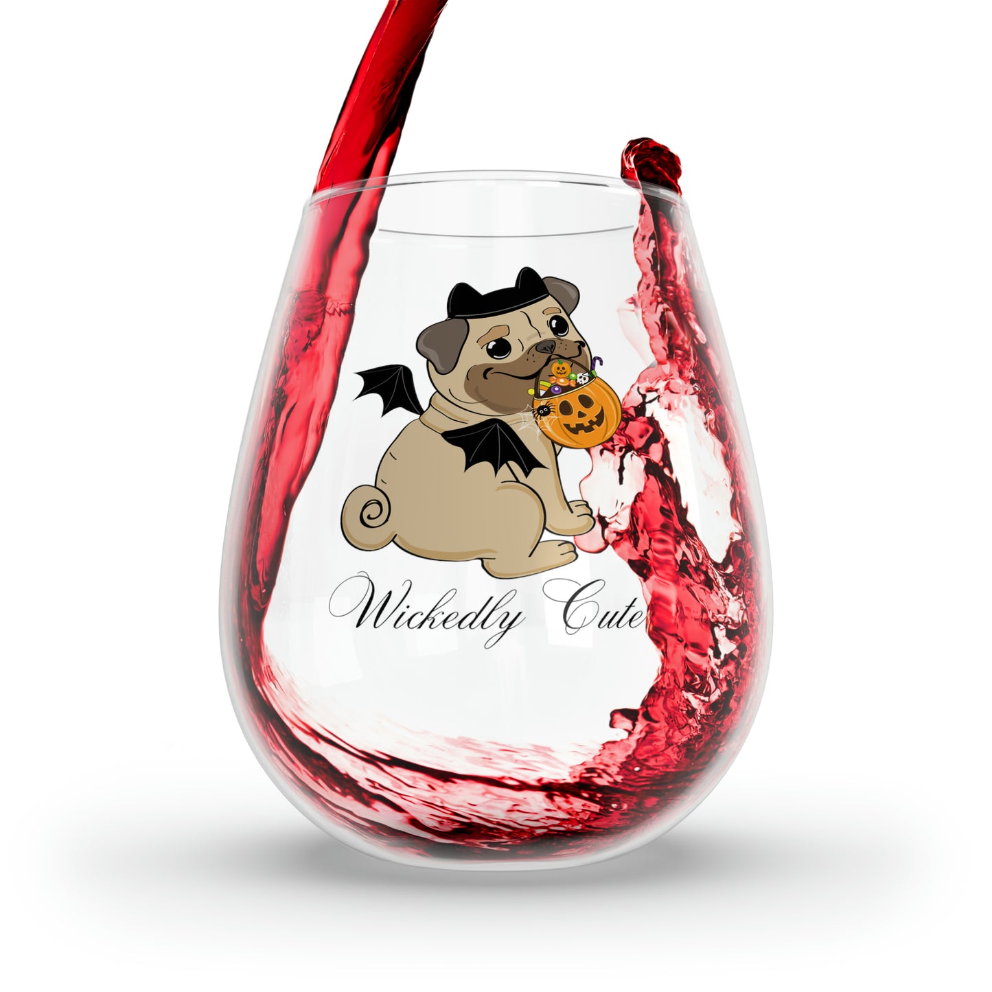 Pug Wine Glass, Pug in a Bat Halloween Costume Wine Glass, Halloween Wine Glass, Pug Stemless Wine Glass, 11.75oz, Halloween Pug Wine Glass