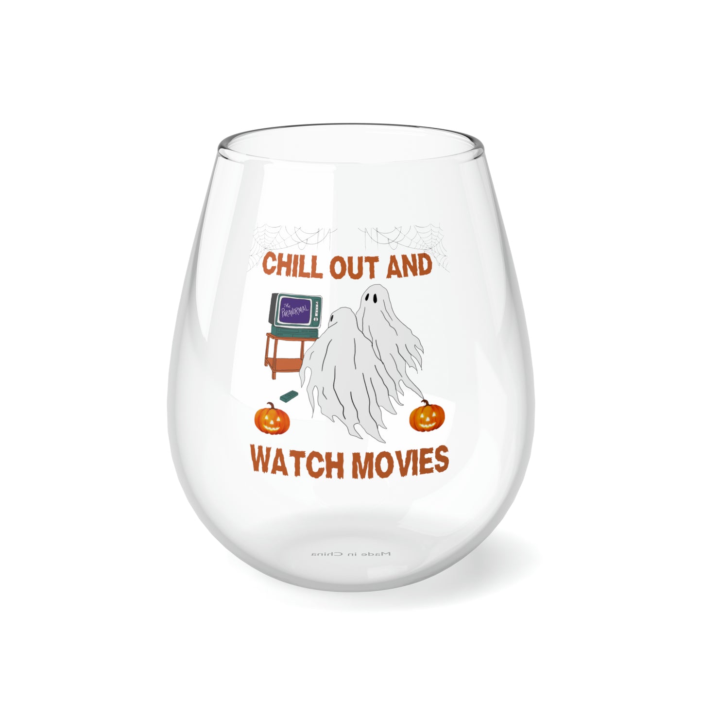 Chill Out And Watch Movies Wine Glass, Retro Ghosts Wine Glass, Watching Horror Movies Stemless Wine Glass, Horror Movies & Chill Wine Glass