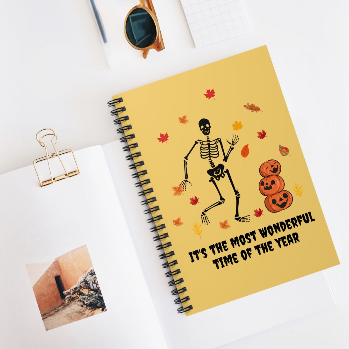 Funny Skeleton Notebook, Skeleton Frolicking in Fall Leaves Notebook, Autumnal Journal, Spooky Halloween Skeleton Autumn Leaves Notebook