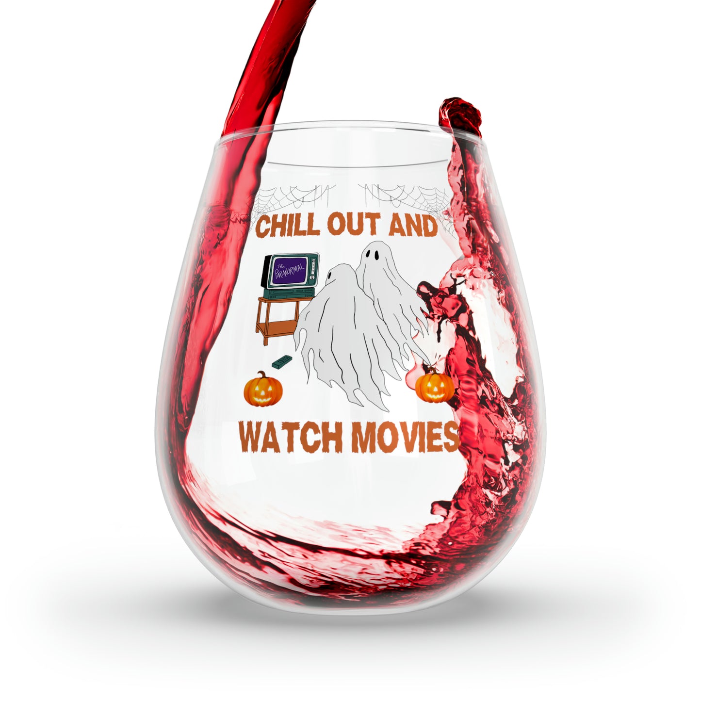 Chill Out And Watch Movies Wine Glass, Retro Ghosts Wine Glass, Watching Horror Movies Stemless Wine Glass, Horror Movies & Chill Wine Glass