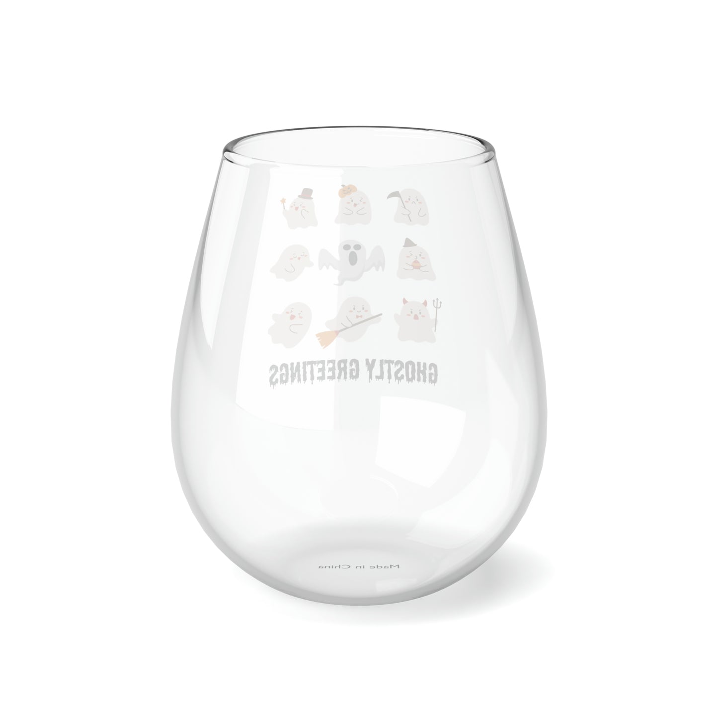 Ghostly Greetings Wine Glass, Halloween Ghost Wine Glass, Lots of Cute Ghosts Wine Glass, Spooky Season Adorable Ghosts Stemless Wine Glass