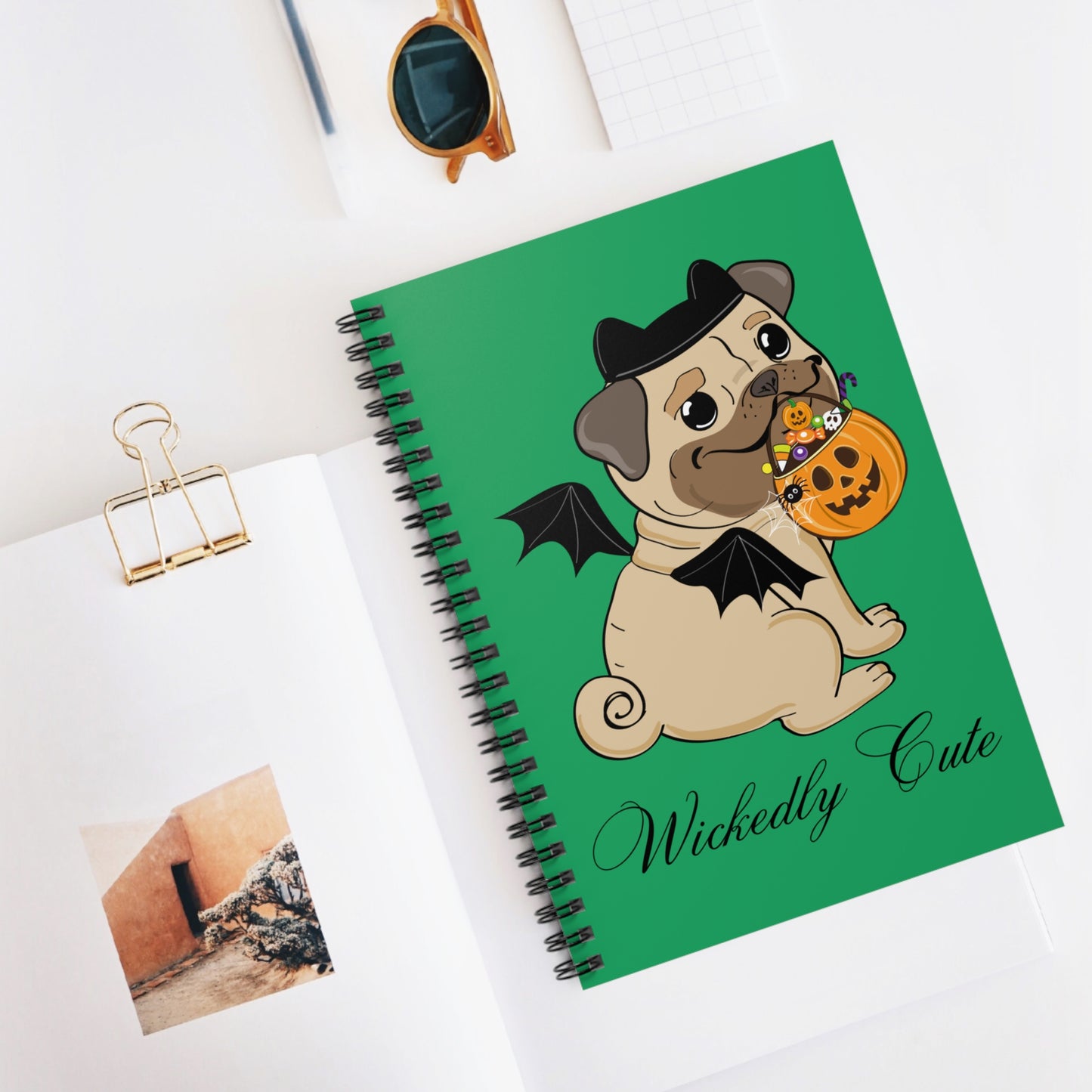 Pug Notebook, Pug Dog in a Bat Costume Notebook, with Pumpkin Jack O' Lantern, Bat Notebook, Halloween Notebook Stationery, Pug Mom Gifts