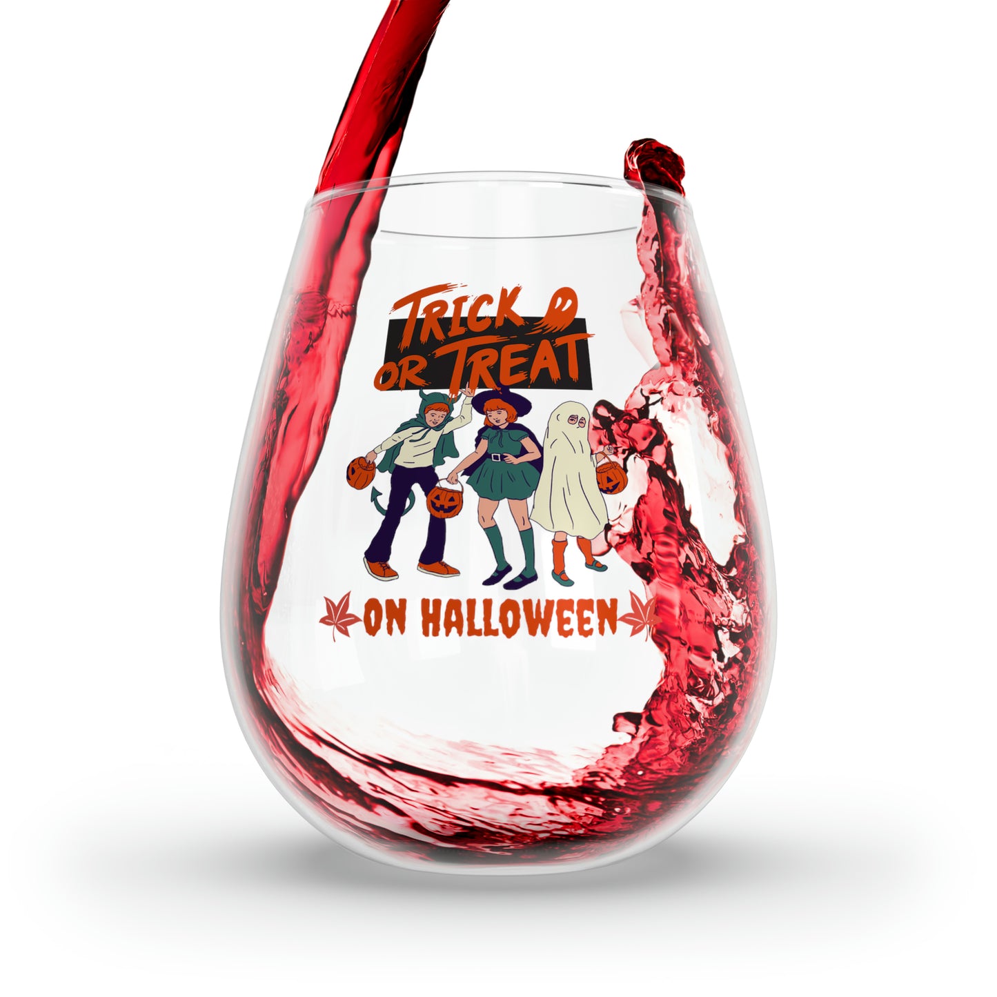 Retro Trick or Treat on Halloween Wine Glass, Spooky Season Wine Glass, Halloween Gift, Ghost Witch & Devil Stemless Wine Glass, Fall Autumn