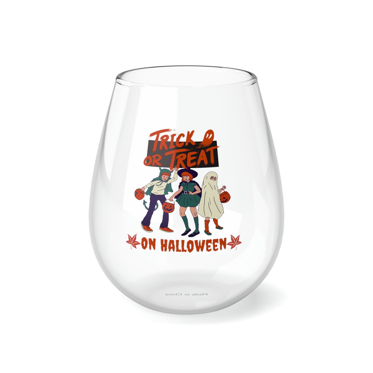 Retro Trick or Treat on Halloween Wine Glass, Spooky Season Wine Glass, Halloween Gift, Ghost Witch & Devil Stemless Wine Glass, Fall Autumn