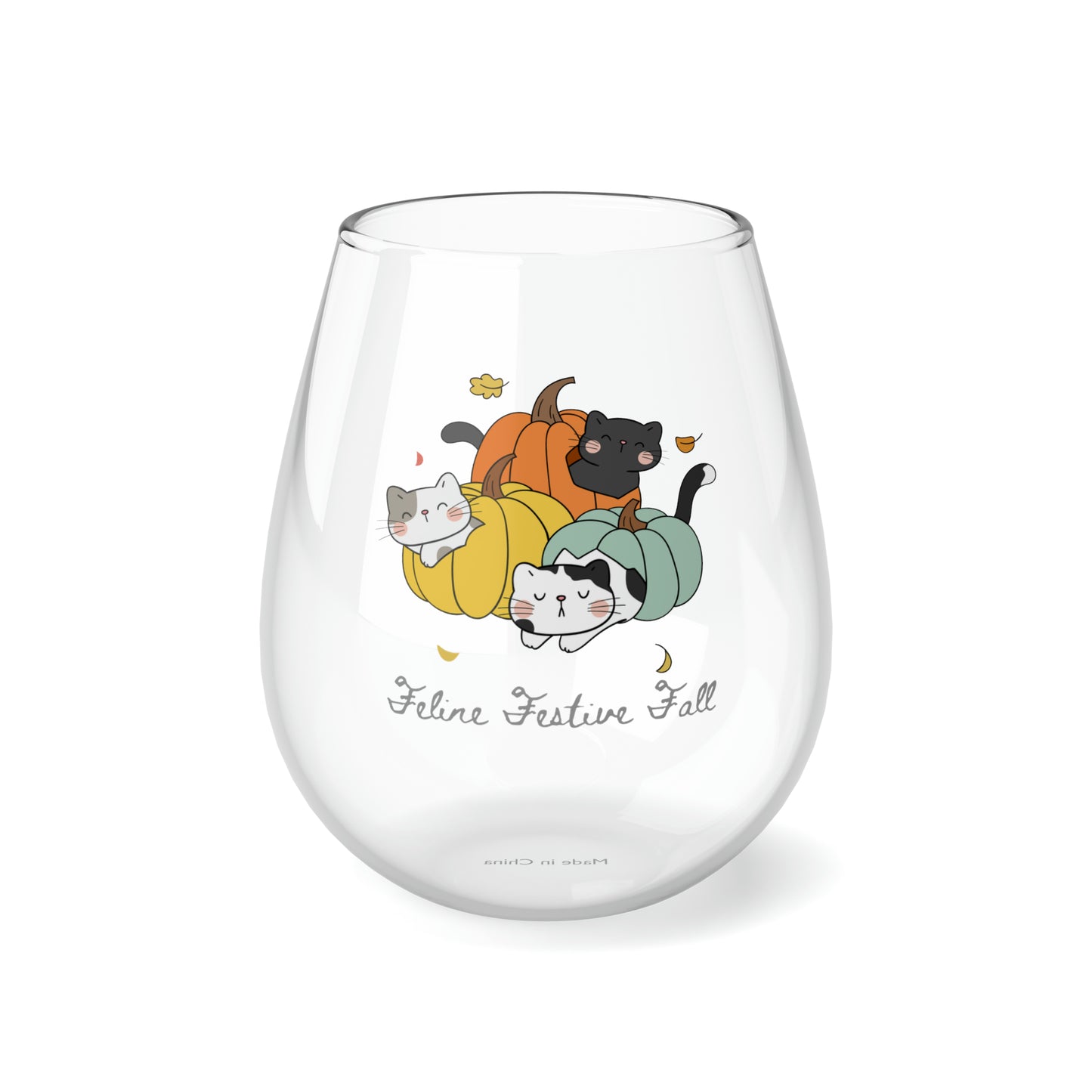 Pumpkins & Cats Wine Glass, Fall Wine Glass, Autumn Wine Glass, Fall Cats Stemless Wine Glass, Feline festive Fall Cat Wine Glass Halloween