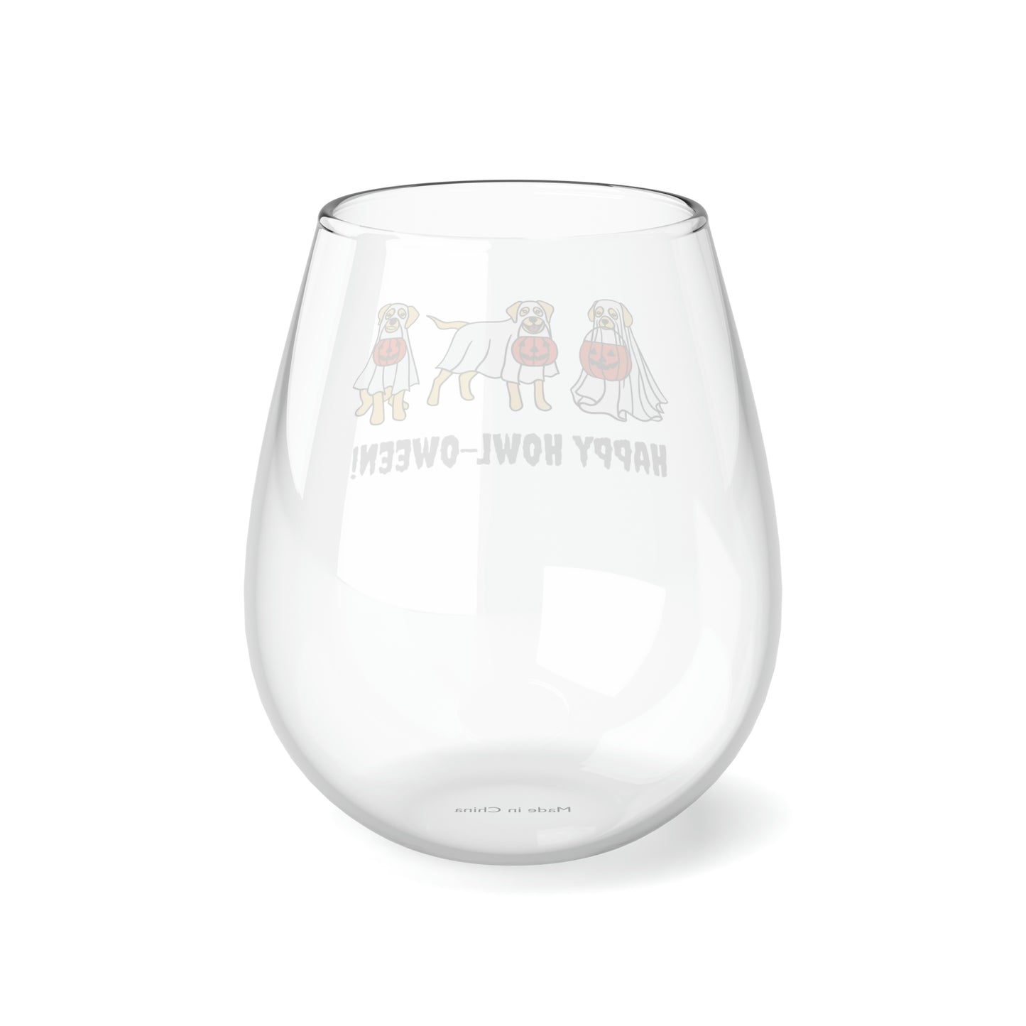 Happy Howl-oween Wine Glass, Halloween Dogs Wine Glass, Labrador Dressed as Ghosts Wine Glass, Ghost Dogs Stemless Wine Glass, Dogs Pumpkins