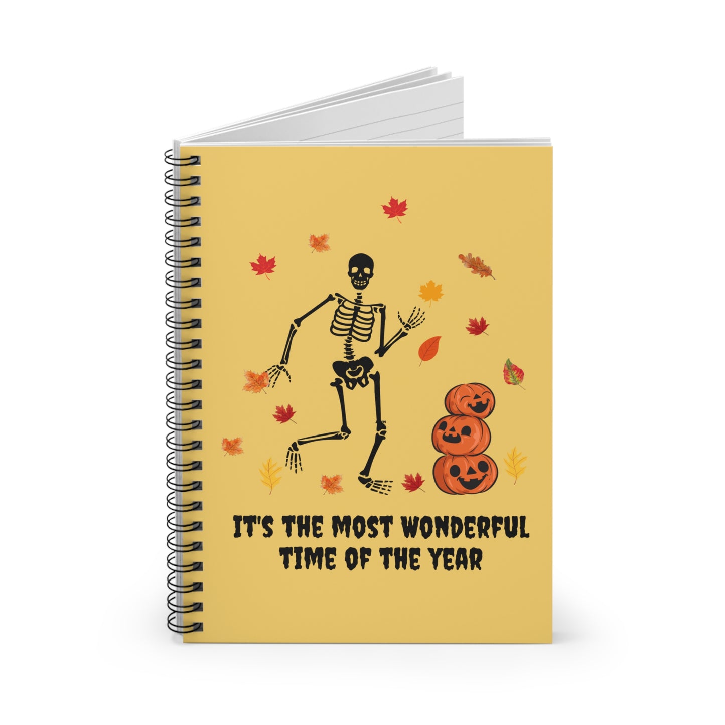 Funny Skeleton Notebook, Skeleton Frolicking in Fall Leaves Notebook, Autumnal Journal, Spooky Halloween Skeleton Autumn Leaves Notebook