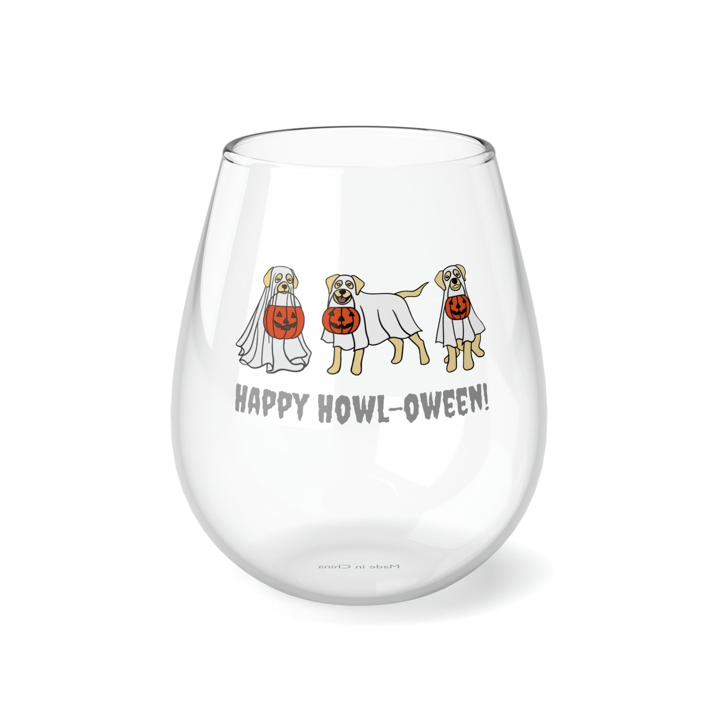 Happy Howl-oween Wine Glass, Halloween Dogs Wine Glass, Labrador Dressed as Ghosts Wine Glass, Ghost Dogs Stemless Wine Glass, Dogs Pumpkins