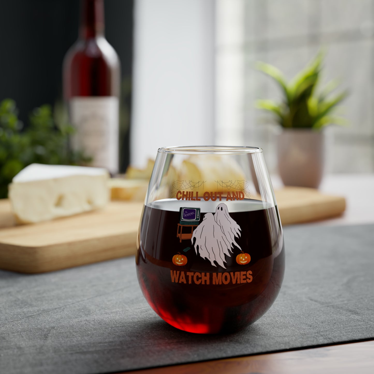 Chill Out And Watch Movies Wine Glass, Retro Ghosts Wine Glass, Watching Horror Movies Stemless Wine Glass, Horror Movies & Chill Wine Glass