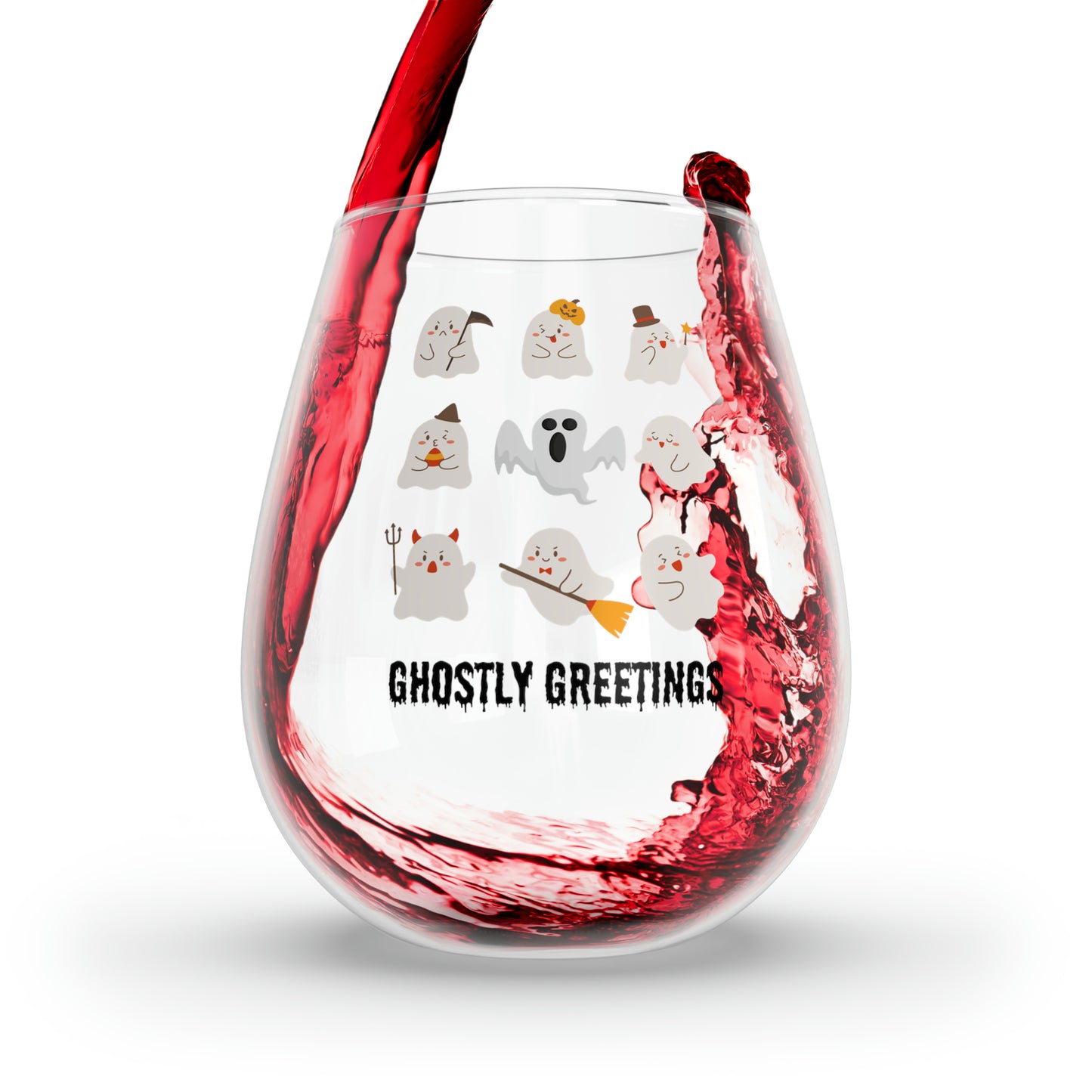 Ghostly Greetings Wine Glass, Halloween Ghost Wine Glass, Lots of Cute Ghosts Wine Glass, Spooky Season Adorable Ghosts Stemless Wine Glass