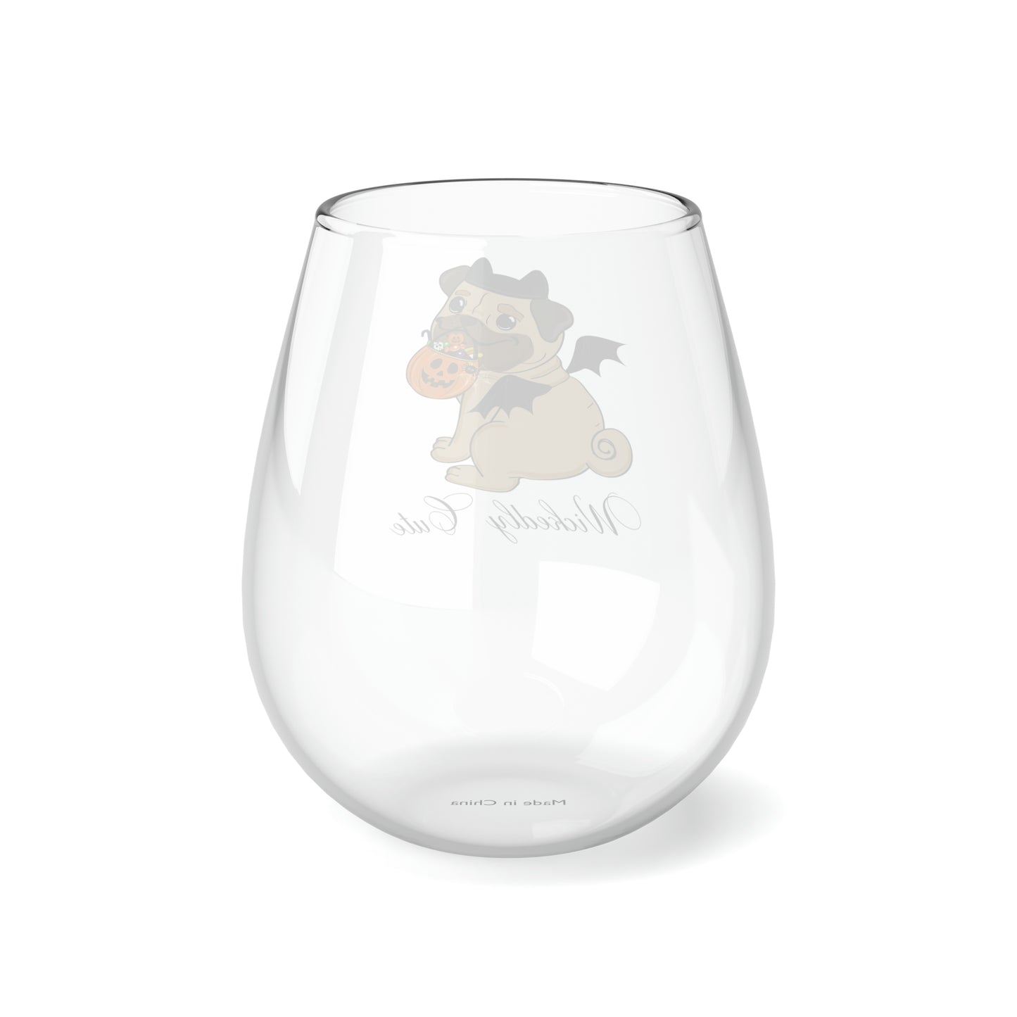 Pug Wine Glass, Pug in a Bat Halloween Costume Wine Glass, Halloween Wine Glass, Pug Stemless Wine Glass, 11.75oz, Halloween Pug Wine Glass