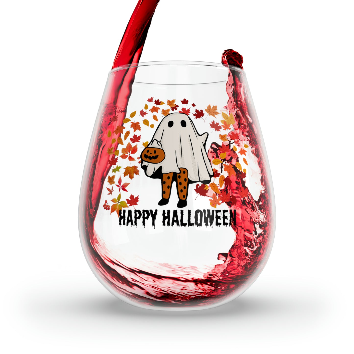 Ghost Girl in The Fall Leaves Wine Glass, Little Pumpkin Ghosty Girl Stemless Wine Glass, Autumn Leaves Wine Glass, Happy Halloween Glass