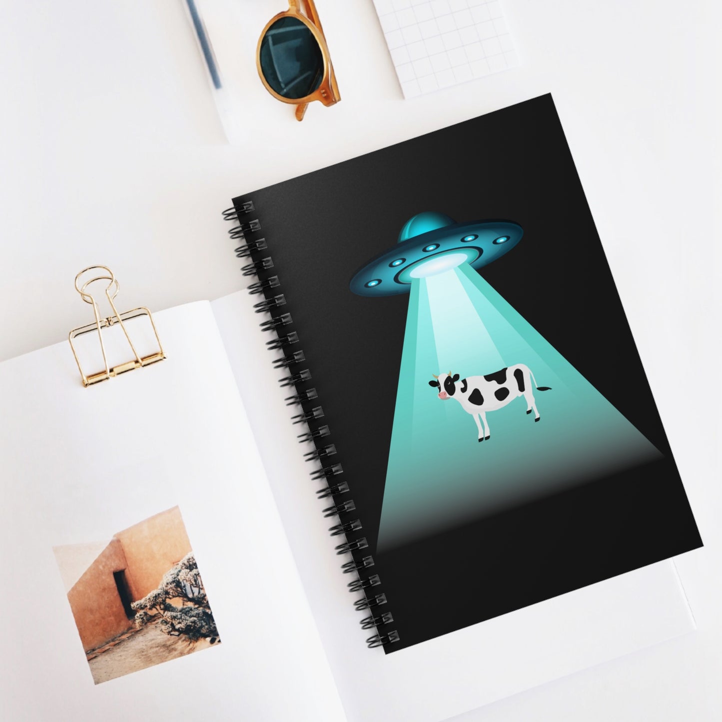 Funny Aliens Notebook, UFO Notebook, Flying saucer Notebook, Alien Spaceship Beaming Up a Cow Stationery, Funny Aliens Journal, UFO Gifts