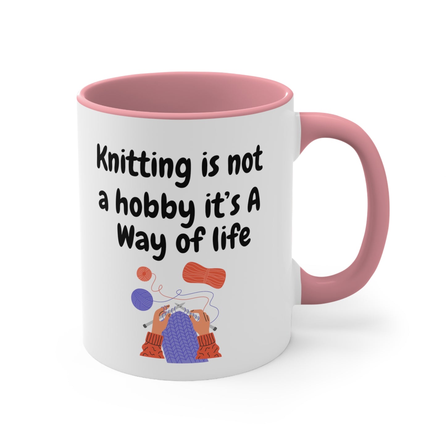 Baby pink color Knitting coffee cup with funny 'Knitting Is Not A Hobby it's a way of life'