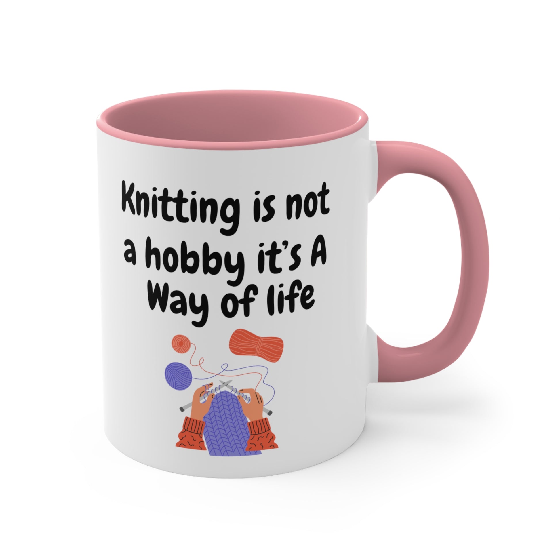 Baby pink color Knitting coffee cup with funny 'Knitting Is Not A Hobby it's a way of life'