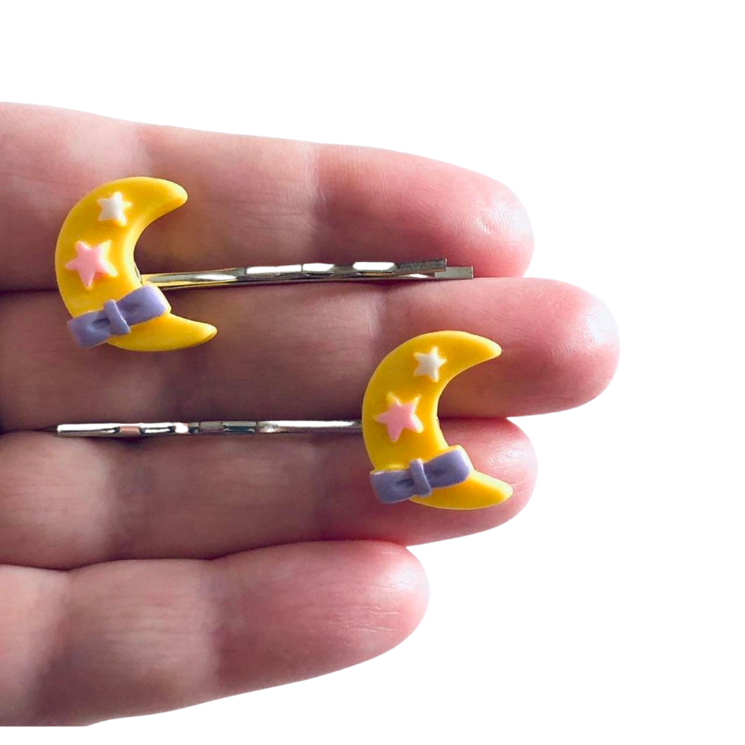 Pastel Yellow Moon Bobby Pins, Crescent Moon Hair Clips, Kawaii Hair Clips, Lolita Hair Accessories, Witchy Woman, Cute Hair Clips