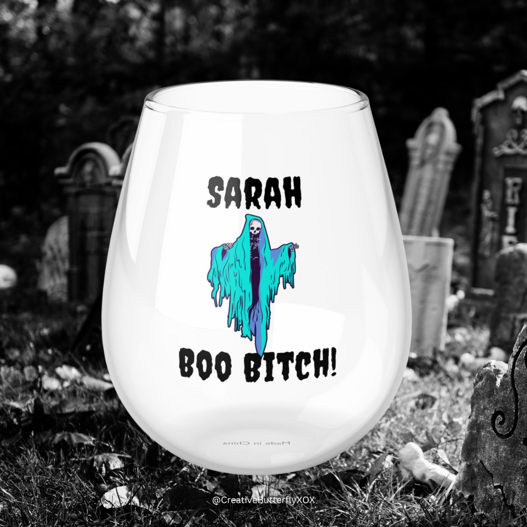 Personalized Boo Bitch Wine Glass, Funny Skeleton Wine Glass, Floating Ghoul Glass, Custom Halloween Wine Glass, Spooky Season