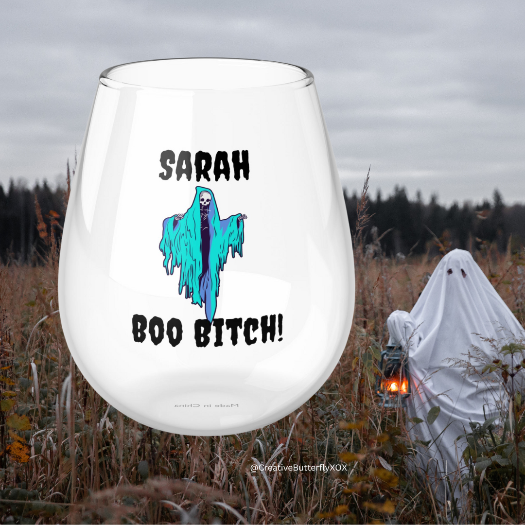 Personalized Boo Bitch Wine Glass, Funny Skeleton Wine Glass, Floating Ghoul Glass, Custom Halloween Wine Glass, Spooky Season