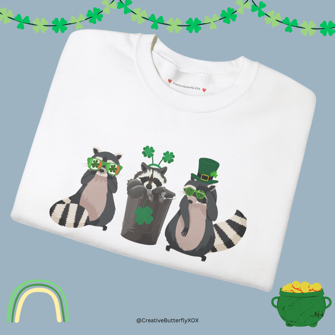 Celtic Irish St. Patrick's Day sweater featuring adorable woodland raccoon and festive accessories