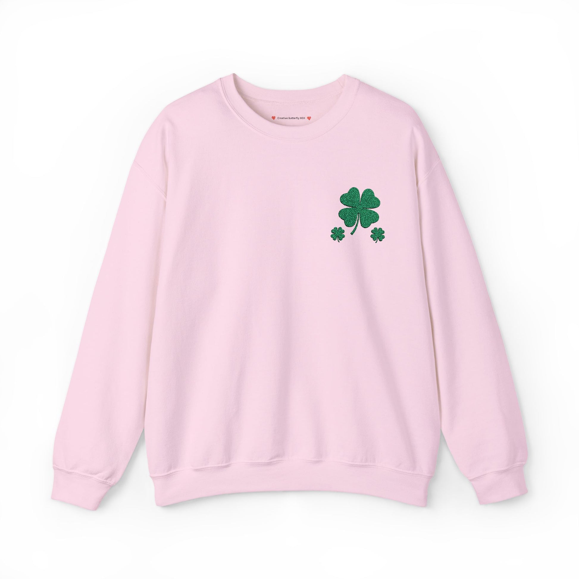 Classic embroidered shamrock sweater, in color light pink sweatshirt with green embroidered 4 leaf clover - perfect for Irish celebrations