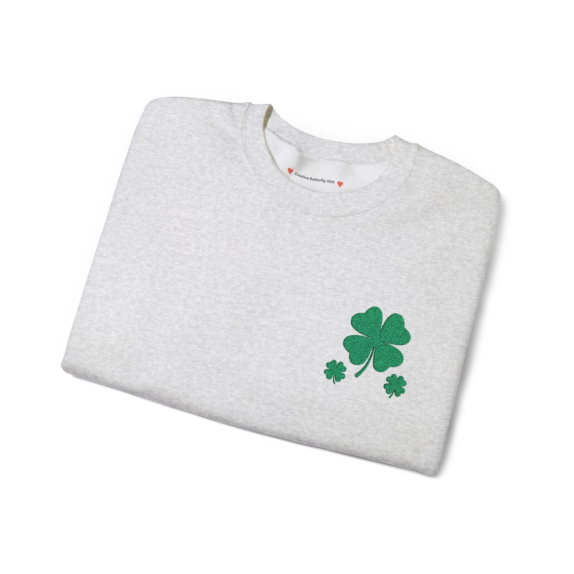 Color ash folded sweatshirt pic - embroidered four leaf clover pullover St Patrick's day