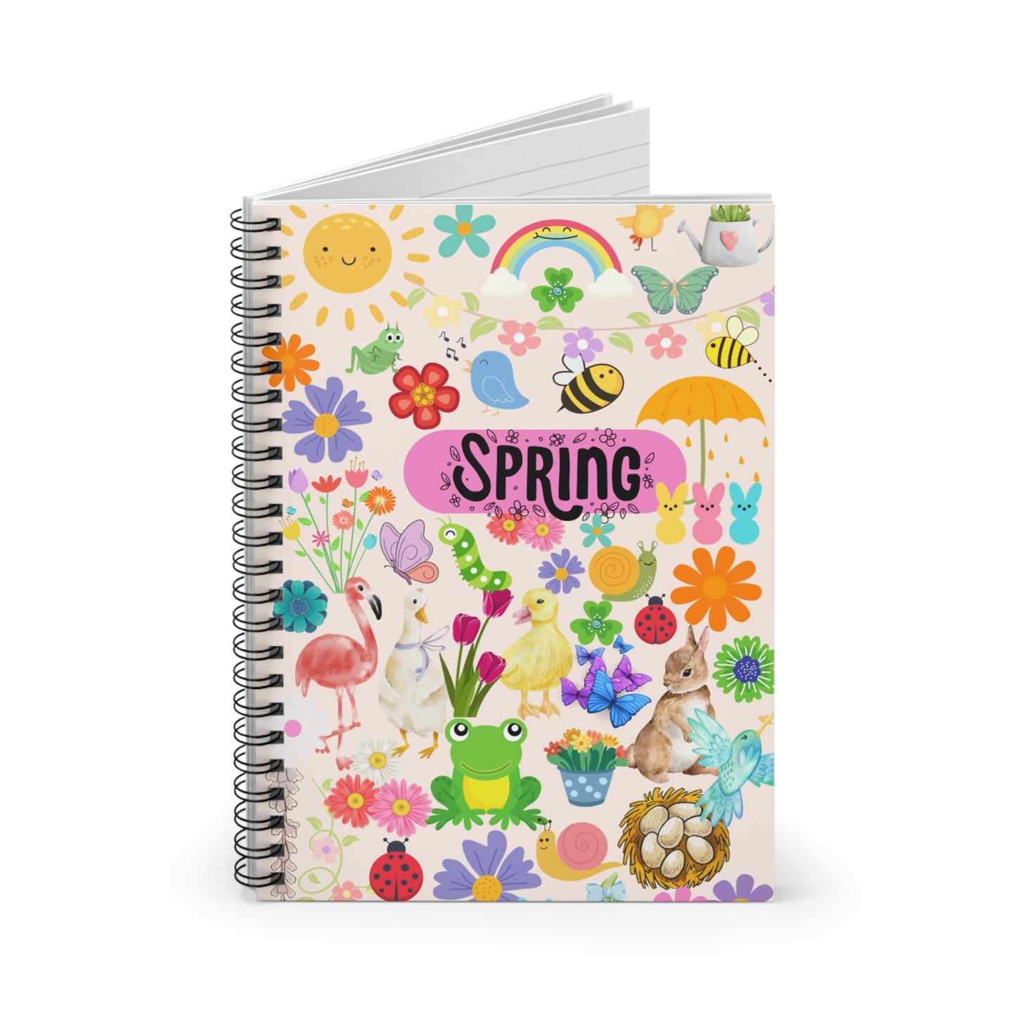 Colorful spring collage notebook journal with birds, flowers, rabbits, bees, whimsical collage design scrapbook