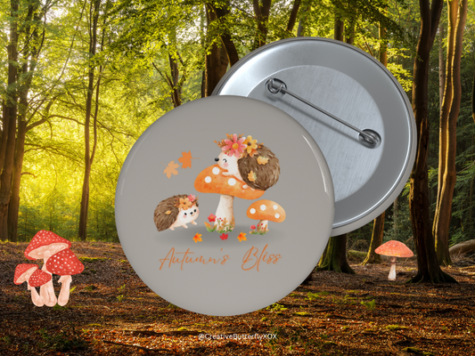 Hedgehog Pin, Hedgehogs Pinback Button, Cottagecore Pin, Autumnal Pin, Hedgehog Brooch, Woodlands Animal on Mushroom Pin, Autumn's Bliss